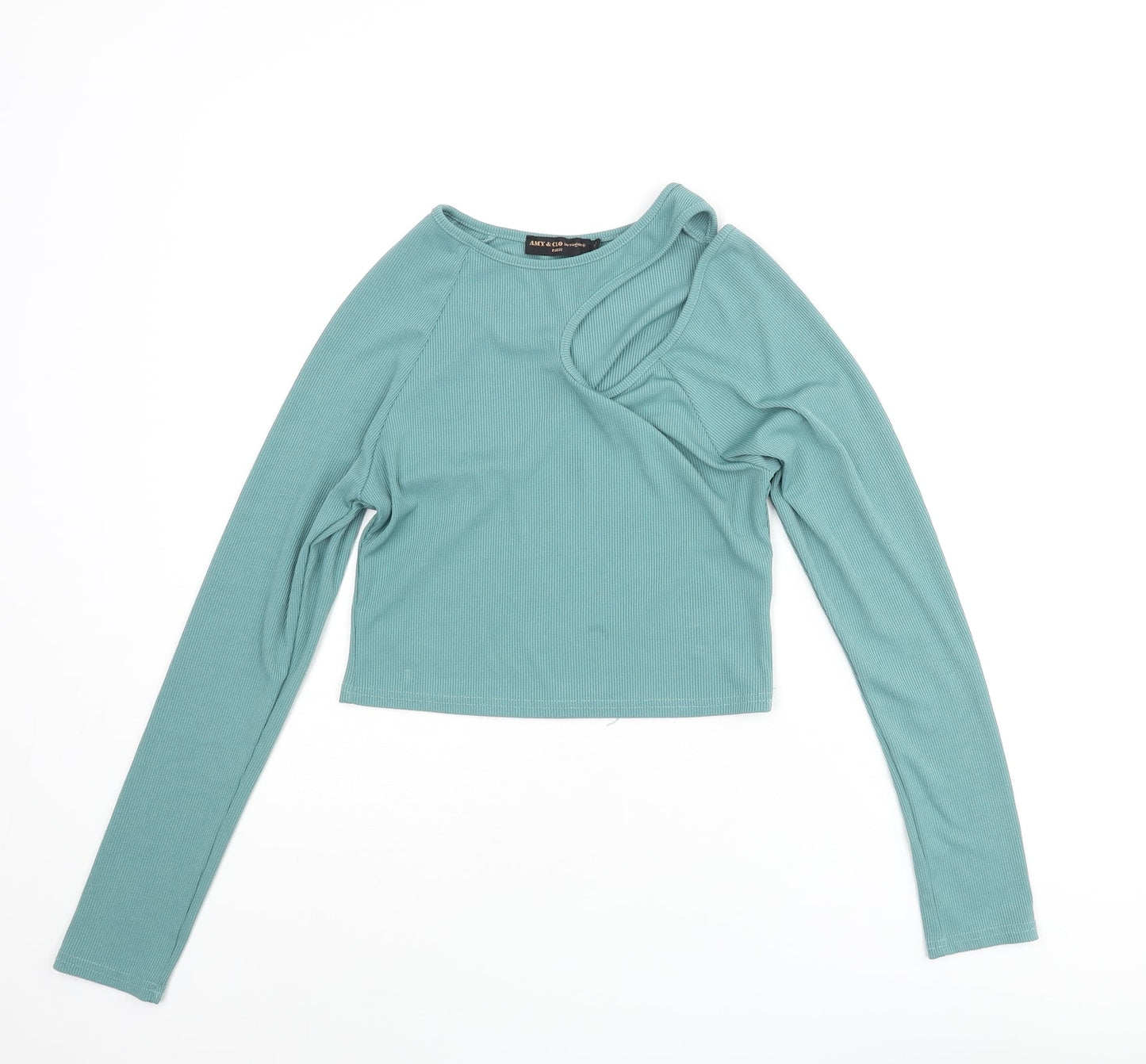 Amy & Clo Womens Green Polyester Cropped Blouse Size M Round Neck - Cut Out Detail Size M-L