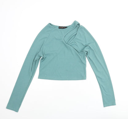 Amy & Clo Womens Green Polyester Cropped Blouse Size M Round Neck - Cut Out Detail Size M-L