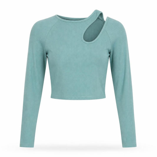 Amy & Clo Womens Green Polyester Cropped Blouse Size M Round Neck - Cut Out Detail Size M-L