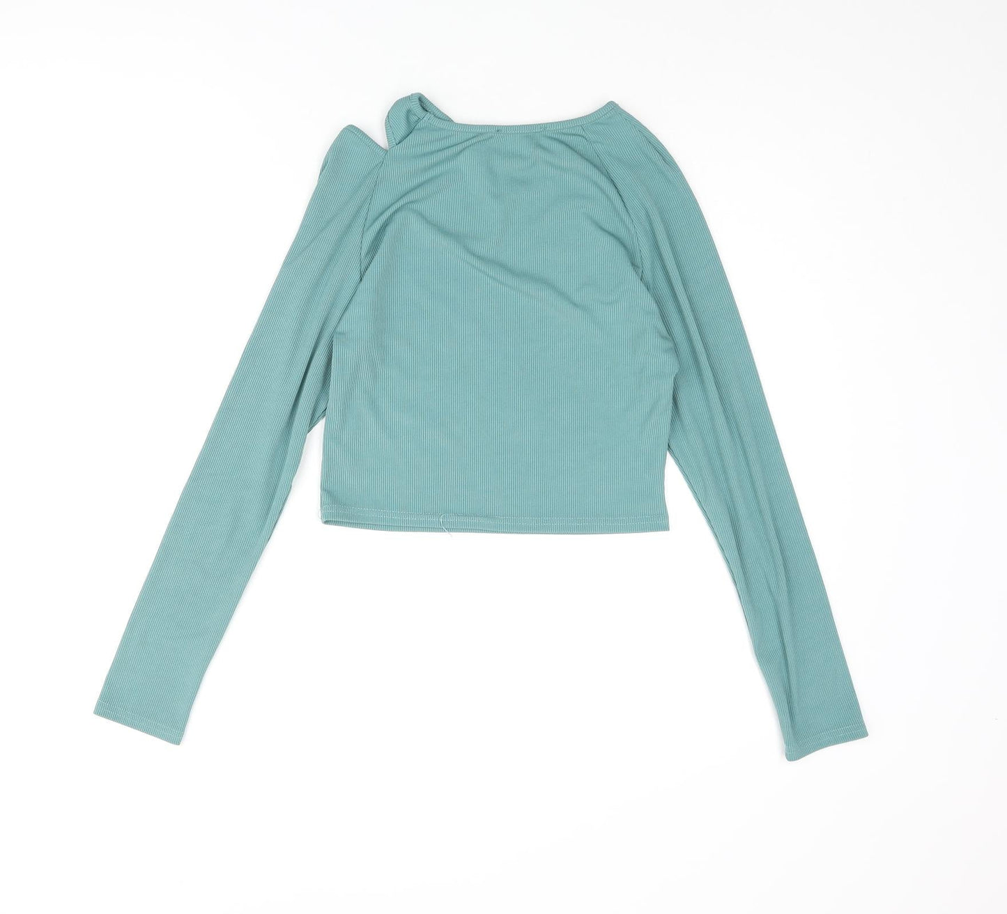 Amy & Clo Womens Green Polyester Cropped Blouse Size M Round Neck - Cut Out Detail Size M-L