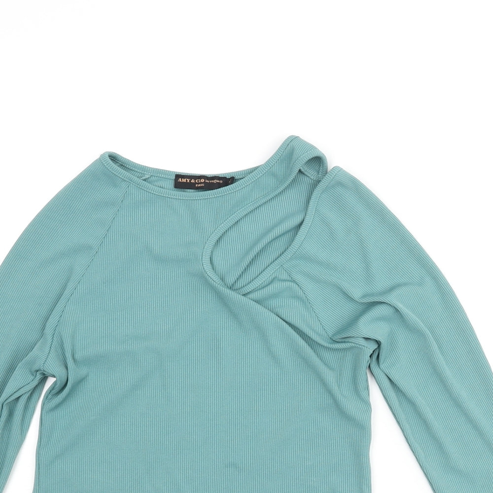 Amy & Clo Womens Green Polyester Cropped Blouse Size M Round Neck - Cut Out Detail Size M-L