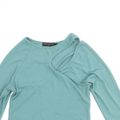 Amy & Clo Womens Green Polyester Cropped Blouse Size M Round Neck - Cut Out Detail Size M-L