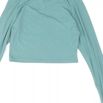 Amy & Clo Womens Green Polyester Cropped Blouse Size M Round Neck - Cut Out Detail Size M-L