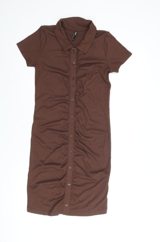 Cropp Womens Brown Polyester Bodycon Size M Collared Pullover - Rouched Button Detail