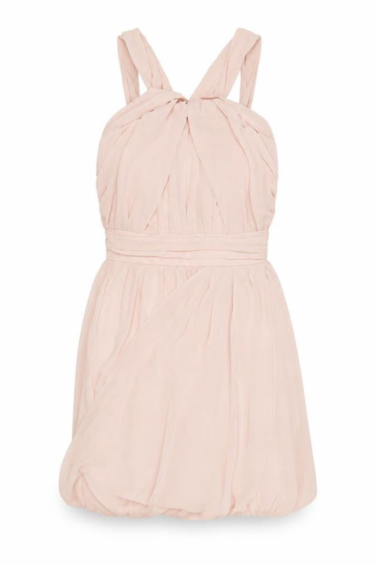 Front view of ASOS women’s pink polyester mini, size UK 8, halter zip