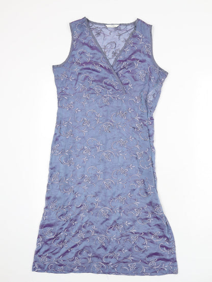 St Michael Womens Blue Floral Polyester A-Line Size 10 V-Neck Pullover - Embroidered Detail