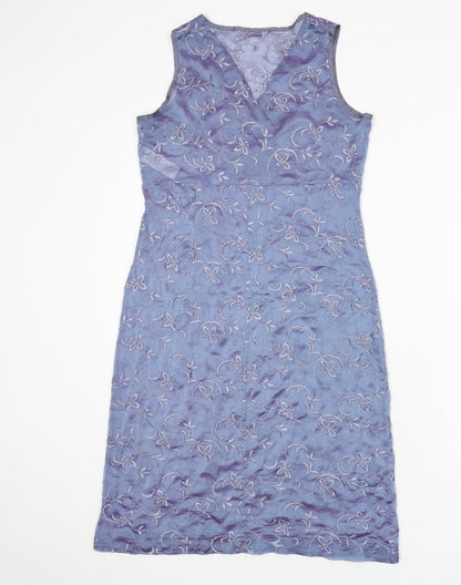 St Michael Womens Blue Floral Polyester A-Line Size 10 V-Neck Pullover - Embroidered Detail