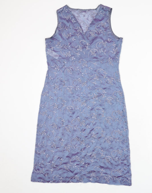 St Michael Womens Blue Floral Polyester A-Line Size 10 V-Neck Pullover - Embroidered Detail
