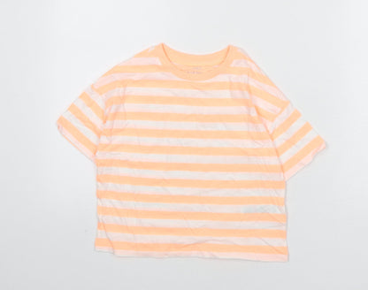 Marks and Spencer Boys Orange Striped Cotton Basic T-Shirt Size 7-8 Years Round Neck Pullover