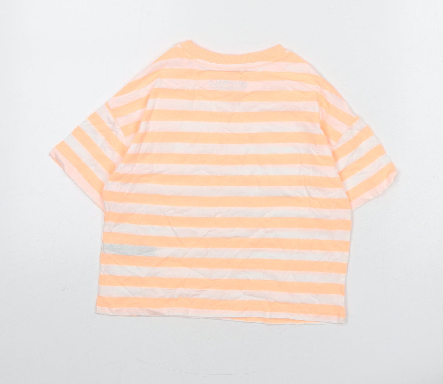 Marks and Spencer Boys Orange Striped Cotton Basic T-Shirt Size 7-8 Years Round Neck Pullover
