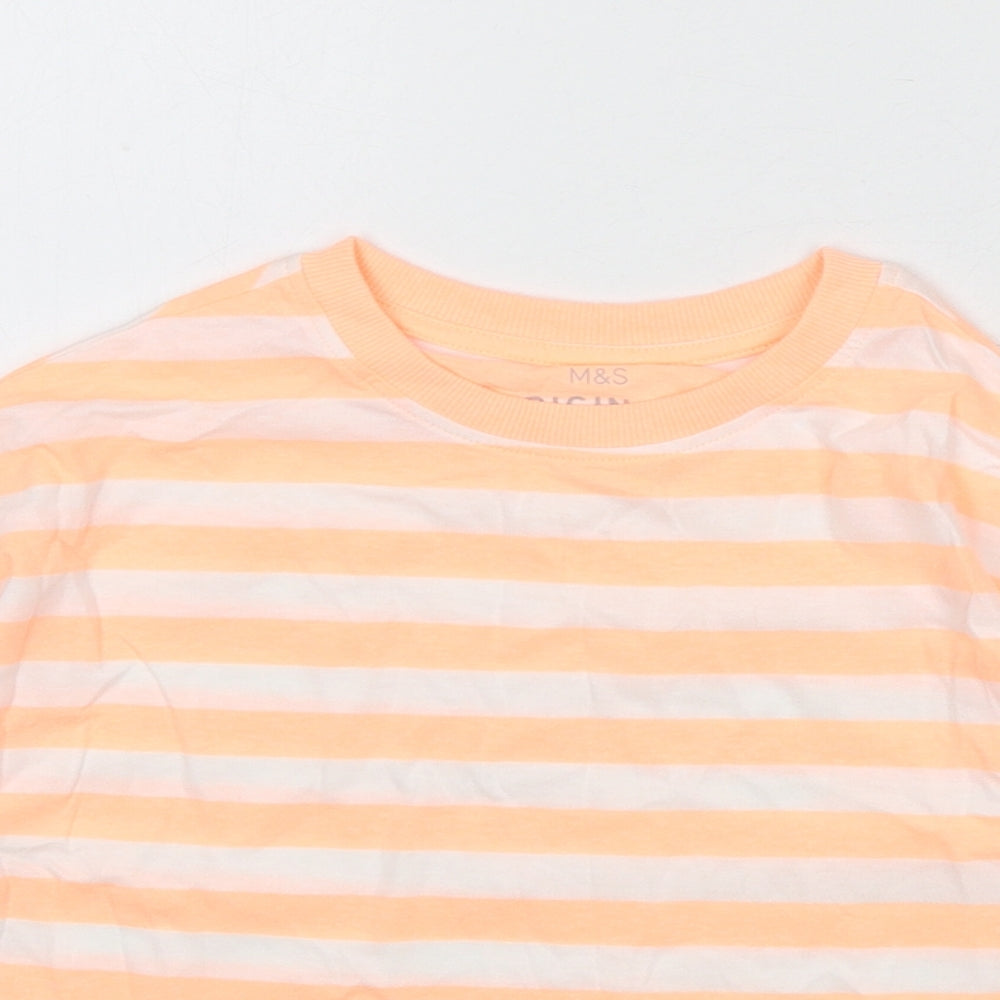 Marks and Spencer Boys Orange Striped Cotton Basic T-Shirt Size 7-8 Years Round Neck Pullover