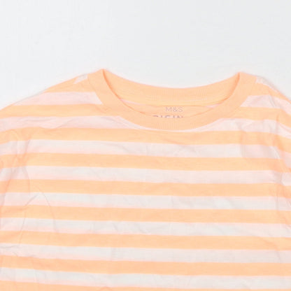 Marks and Spencer Boys Orange Striped Cotton Basic T-Shirt Size 7-8 Years Round Neck Pullover