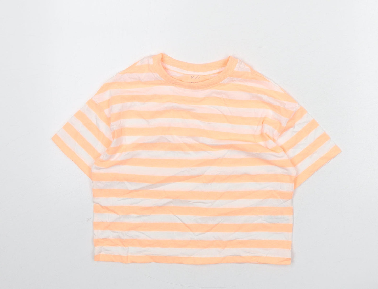 Marks and Spencer Boys Orange Striped Cotton Basic T-Shirt Size 7-8 Years Round Neck Pullover