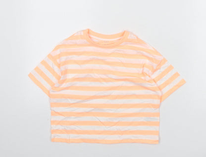 Marks and Spencer Boys Orange Striped Cotton Basic T-Shirt Size 7-8 Years Round Neck Pullover