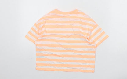 Marks and Spencer Boys Orange Striped Cotton Basic T-Shirt Size 7-8 Years Round Neck Pullover