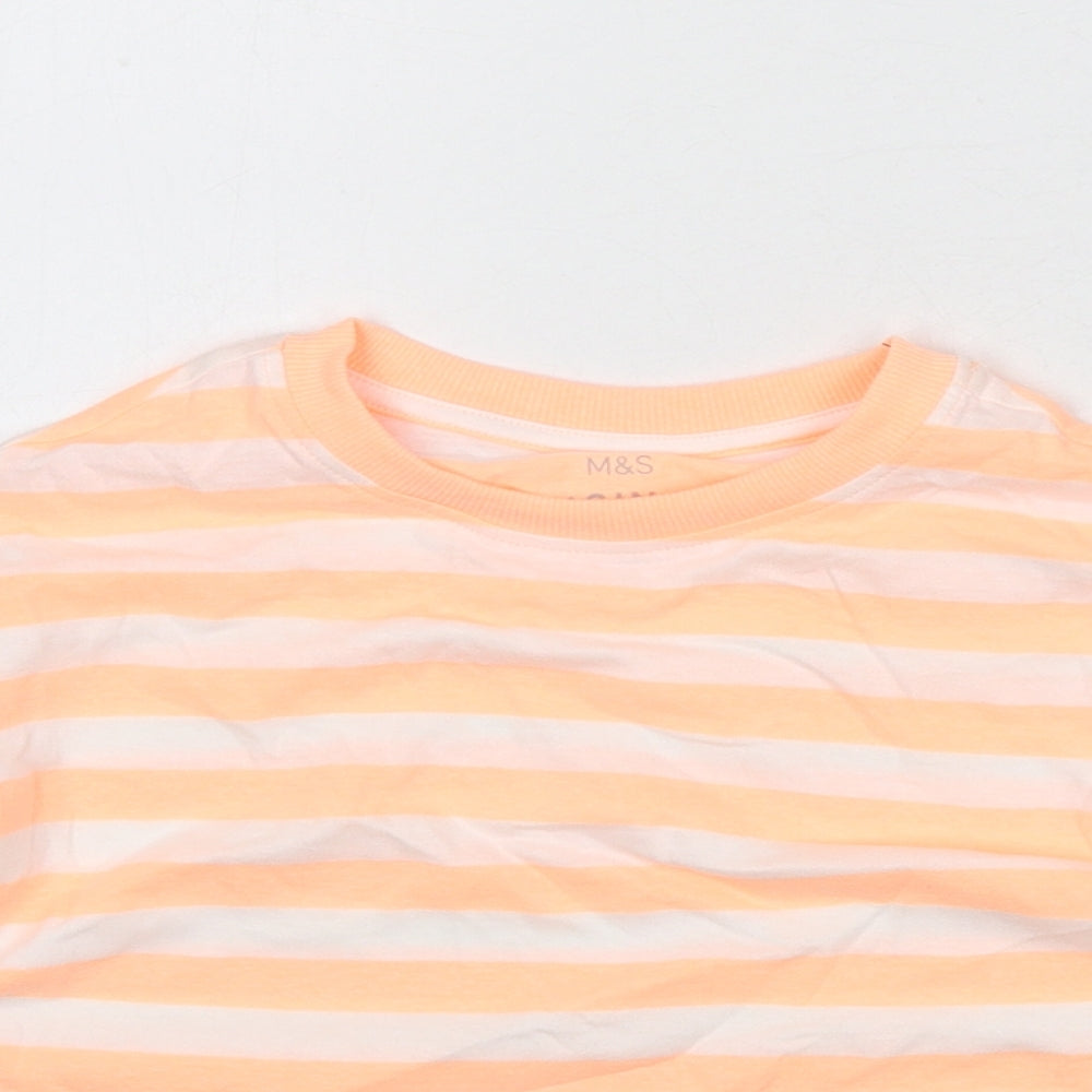Marks and Spencer Boys Orange Striped Cotton Basic T-Shirt Size 7-8 Years Round Neck Pullover