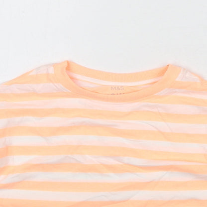 Marks and Spencer Boys Orange Striped Cotton Basic T-Shirt Size 7-8 Years Round Neck Pullover