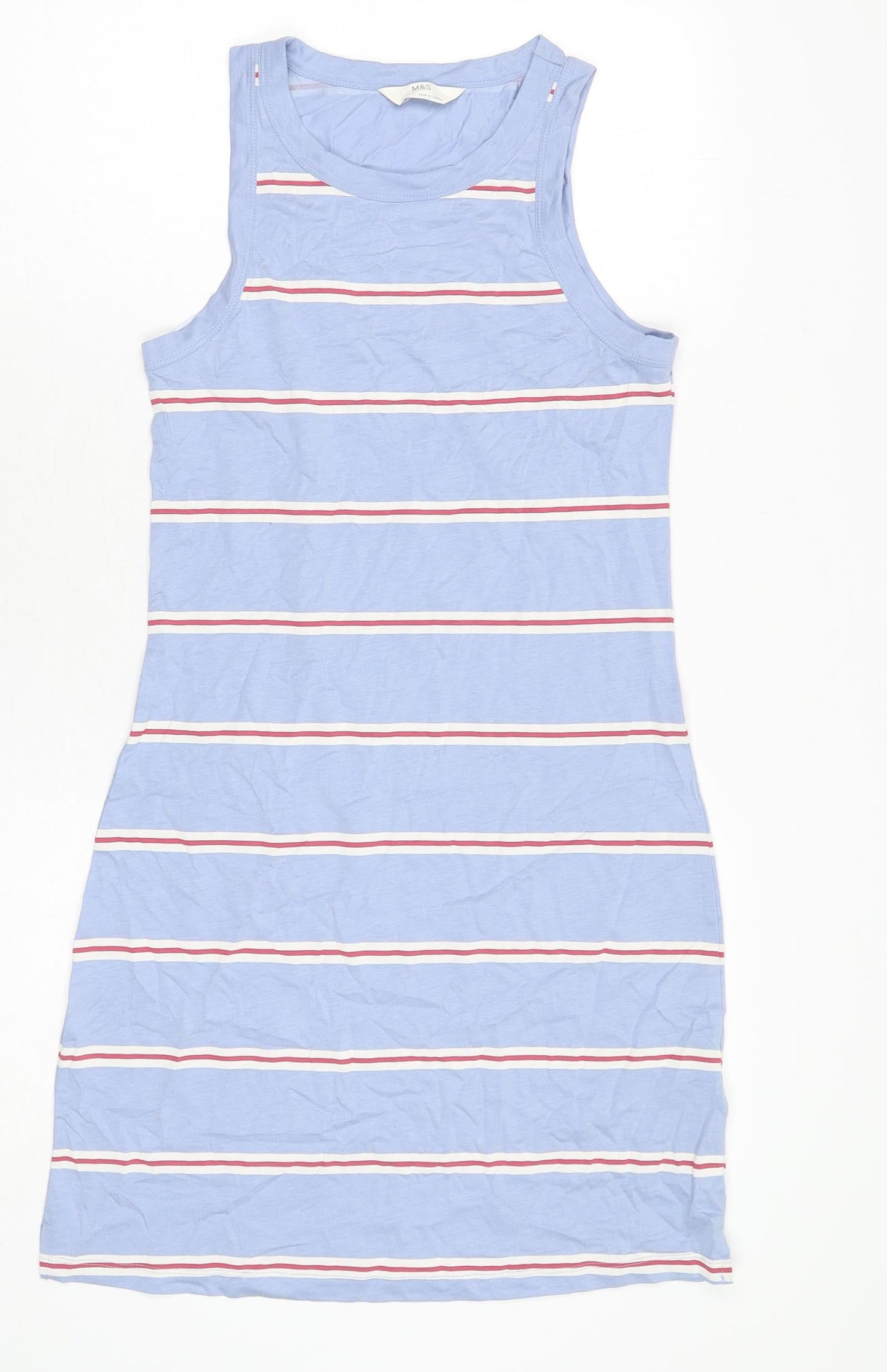 Marks and Spencer Womens Blue Striped Cotton Tank Dress Size S Round Neck Pullover