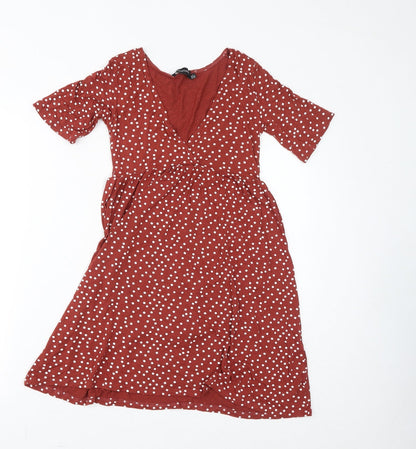 PRETTYLITTLETHING Womens Brown Polka Dot Viscose A-Line Size 8 V-Neck Tie