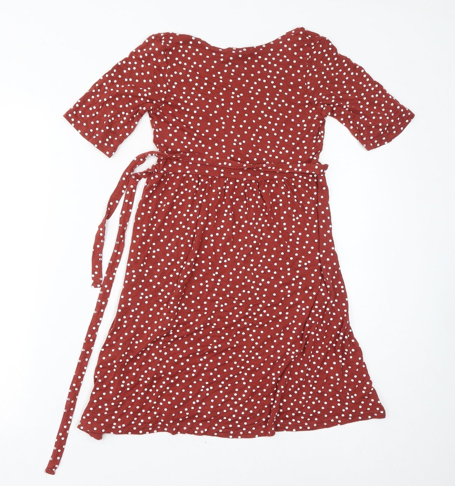 PRETTYLITTLETHING Womens Brown Polka Dot Viscose A-Line Size 8 V-Neck Tie