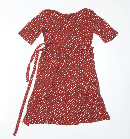 PRETTYLITTLETHING Womens Brown Polka Dot Viscose A-Line Size 8 V-Neck Tie