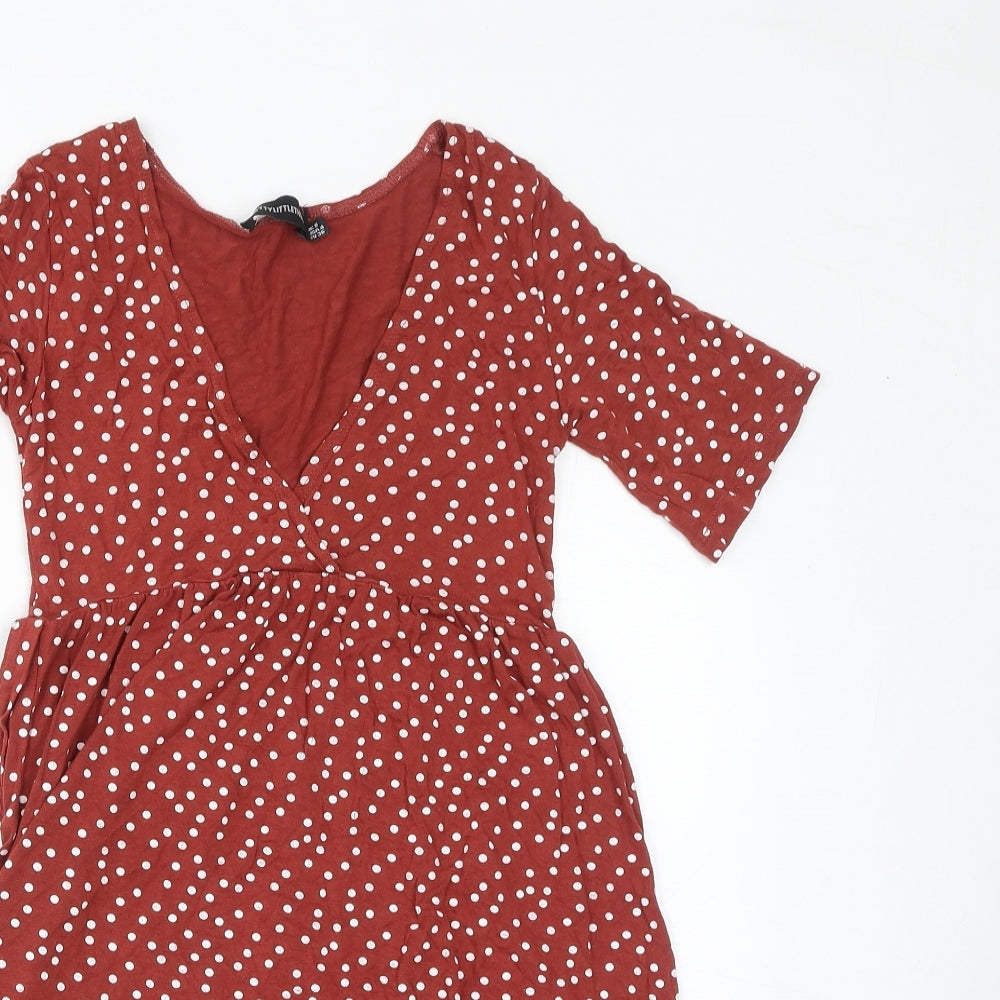 PRETTYLITTLETHING Womens Brown Polka Dot Viscose A-Line Size 8 V-Neck Tie