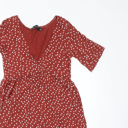 PRETTYLITTLETHING Womens Brown Polka Dot Viscose A-Line Size 8 V-Neck Tie