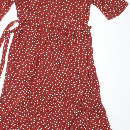 PRETTYLITTLETHING Womens Brown Polka Dot Viscose A-Line Size 8 V-Neck Tie