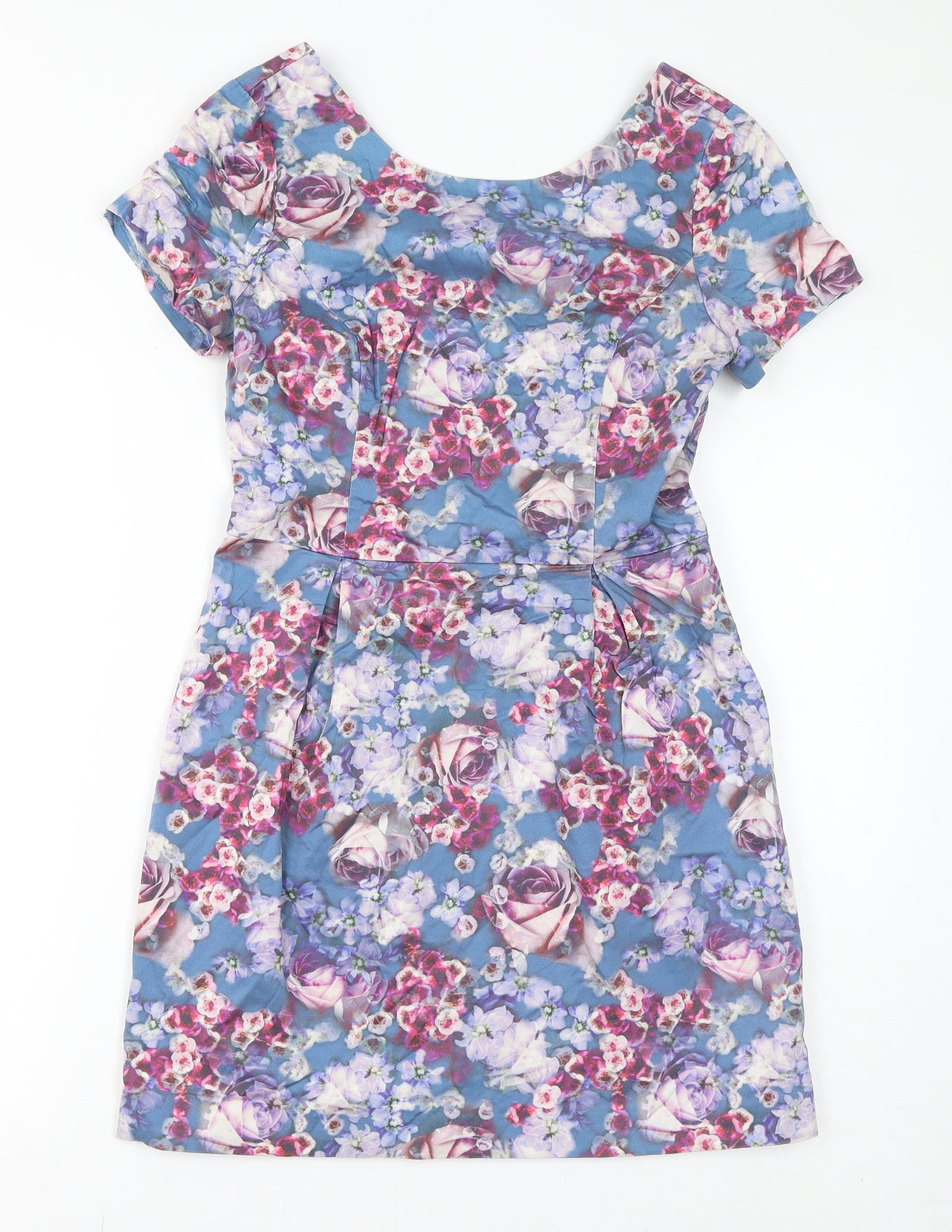 Oasis Womens Blue Floral Cotton Pencil Dress Size 10 Round Neck Zip