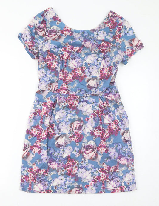 Oasis Womens Blue Floral Cotton Pencil Dress Size 10 Round Neck Zip
