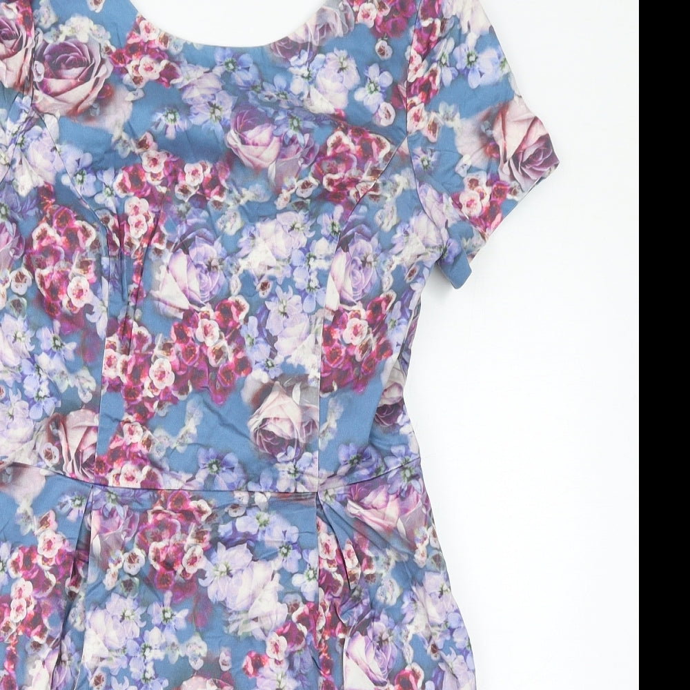 Oasis Womens Blue Floral Cotton Pencil Dress Size 10 Round Neck Zip