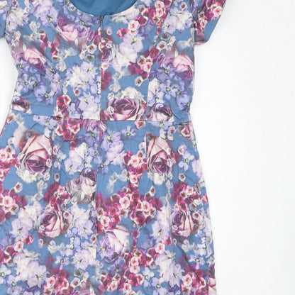 Oasis Womens Blue Floral Cotton Pencil Dress Size 10 Round Neck Zip
