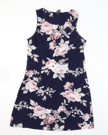 Izabel London Womens Blue Floral Polyester A-Line Size 12 Round Neck Zip