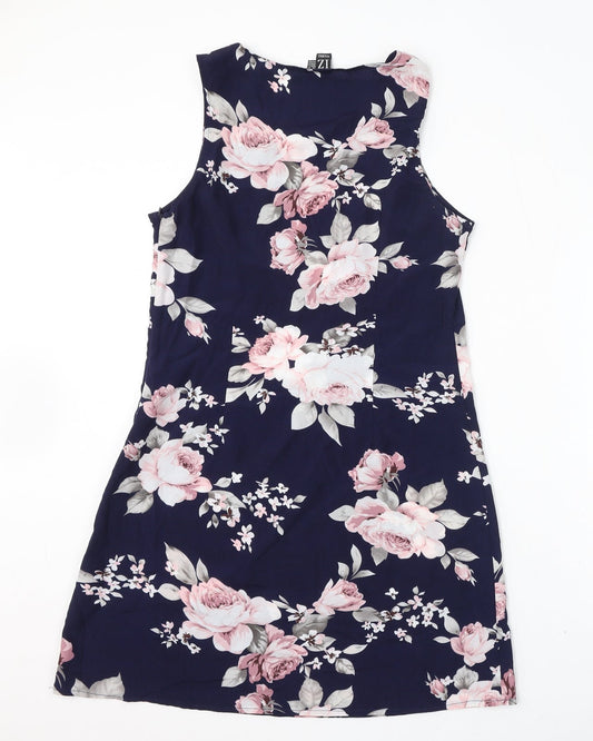Izabel London Womens Blue Floral Polyester A-Line Size 12 Round Neck Zip