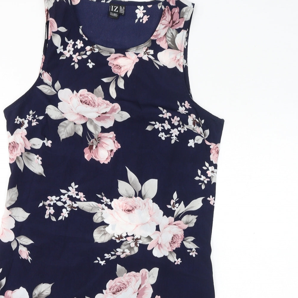 Izabel London Womens Blue Floral Polyester A-Line Size 12 Round Neck Zip