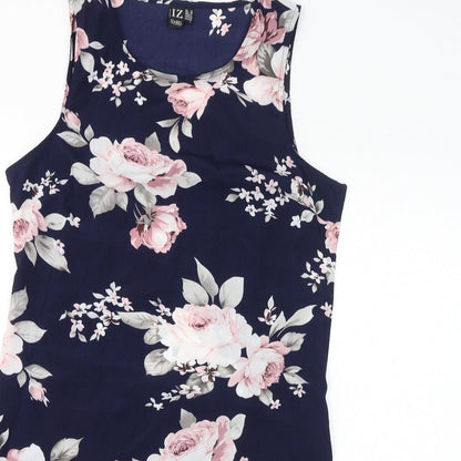 Izabel London Womens Blue Floral Polyester A-Line Size 12 Round Neck Zip