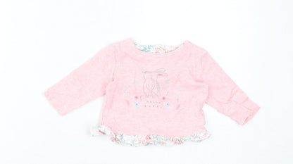 Mini Club Girls Pink Cotton Basic T-Shirt Size 3-6 Months Round Neck Pullover - Hello Bunny