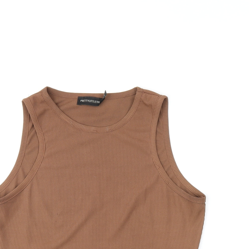 Womens UK Size 10 PRETTYLITTLETHING Brown Cropped T-Shirt