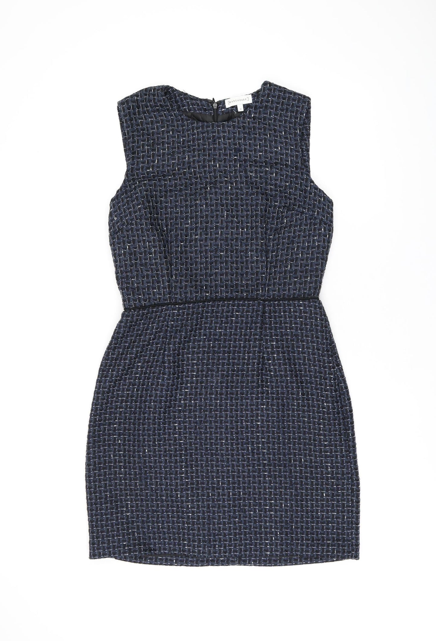 Warehouse Womens Blue Geometric Polyester Bodycon Size 10 Round Neck Zip