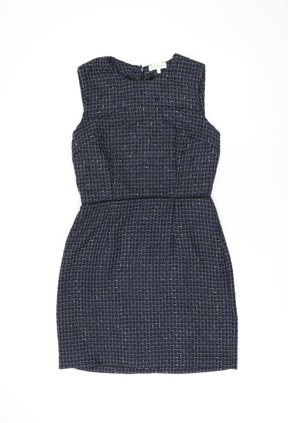 Warehouse Womens Blue Geometric Polyester Bodycon Size 10 Round Neck Zip