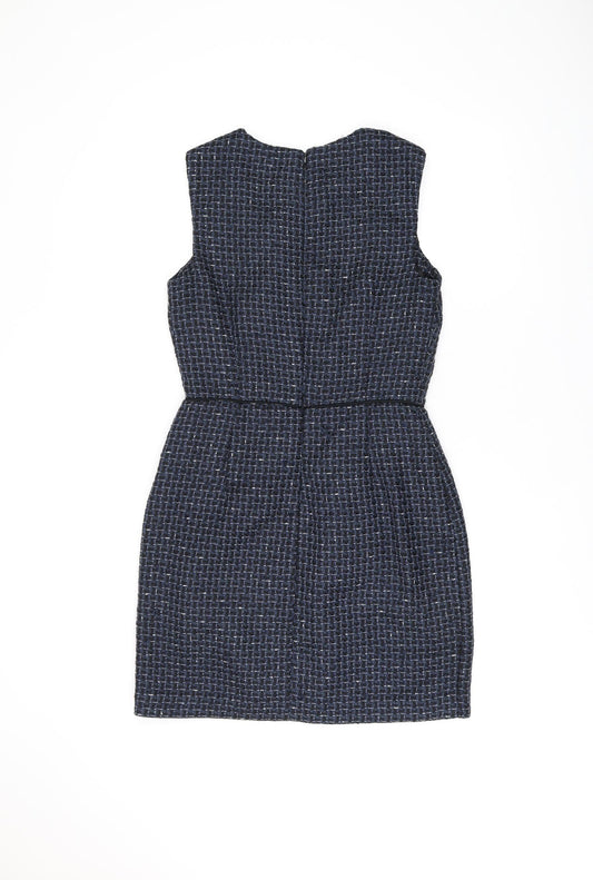 Warehouse Womens Blue Geometric Polyester Bodycon Size 10 Round Neck Zip