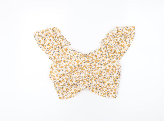 Boohoo Womens Ivory Floral Polyester Cropped T-Shirt Size 10 Off the Shoulder