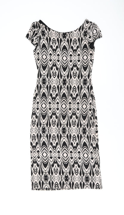 Evita Womens Black Geometric Viscose Bodycon Size 8 Boat Neck Pullover