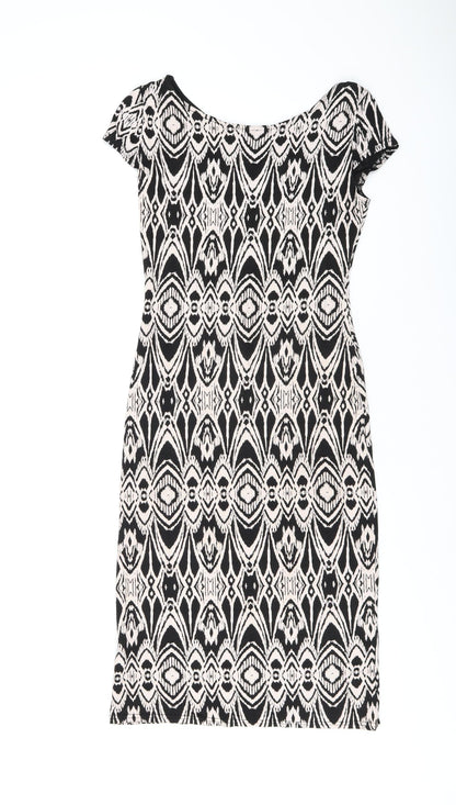 Evita Womens Black Geometric Viscose Bodycon Size 8 Boat Neck Pullover
