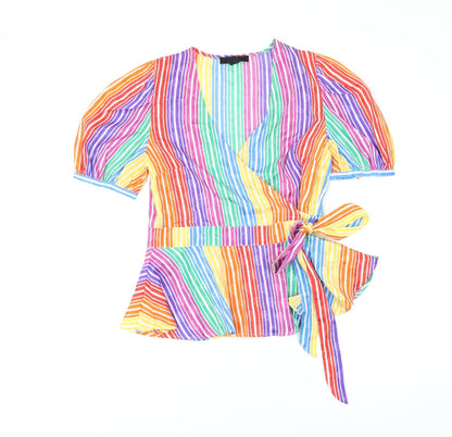 find. Womens Multicoloured Striped Polyester Wrap T-Shirt Size 10 V-Neck