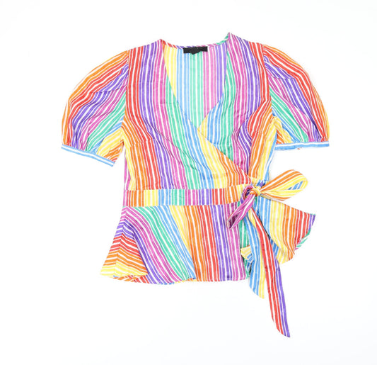 find. Womens Multicoloured Striped Polyester Wrap T-Shirt Size 10 V-Neck
