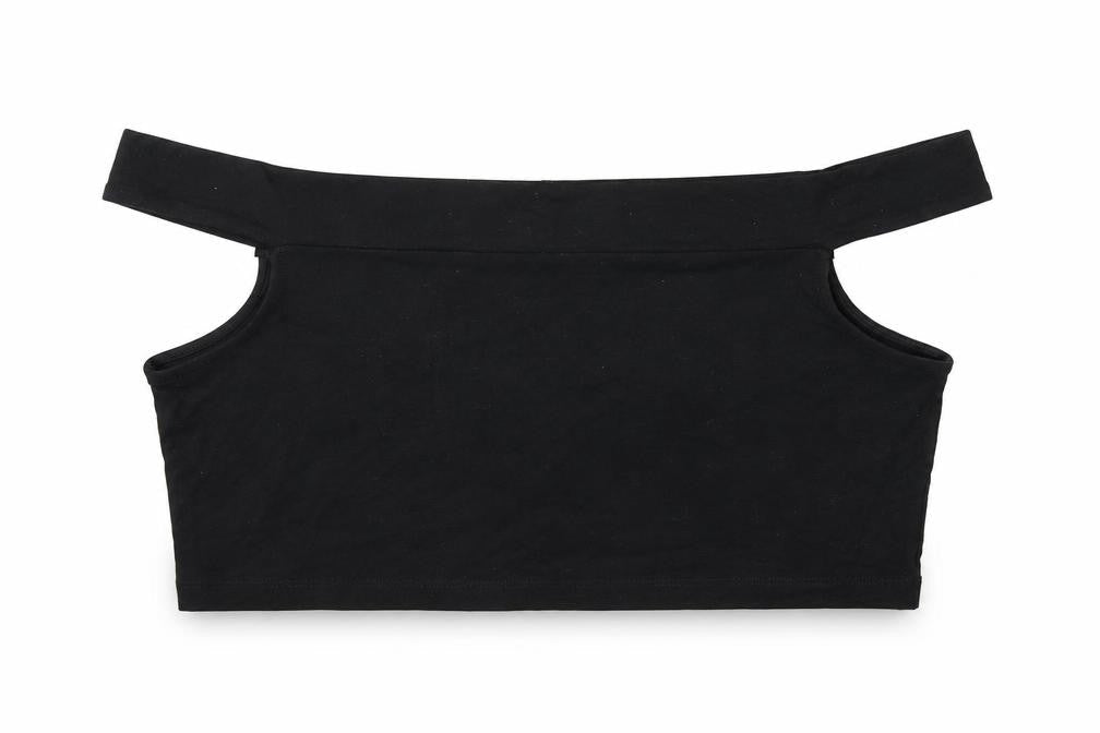 Front view of ASOS women’s black cotton cropped t-shirt, size UK 16, off the shoulder