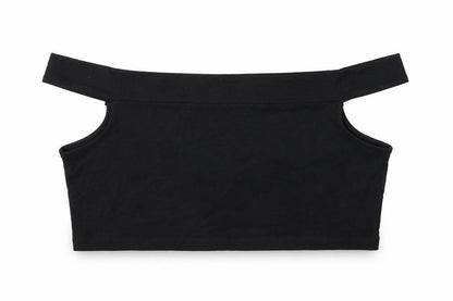Front view of ASOS women’s black cotton cropped t-shirt, size UK 16, off the shoulder