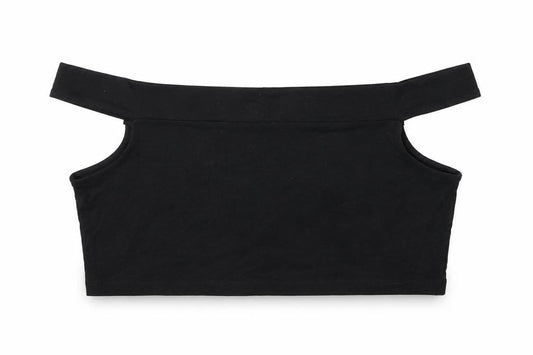 Front view of ASOS women’s black cotton cropped t-shirt, size UK 16, off the shoulder