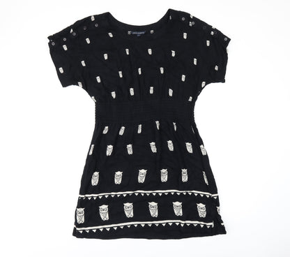 French Connection Womens Black Geometric Viscose Skater Dress Size 8 Round Neck Button - Owl Print
